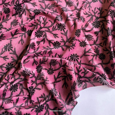 Fabric Pandit Pink And Black Floral Kantha Digital Print Pure Velvet Fabric (Width 44 Inches)