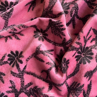 Fabric Pandit Pink And Black Floral Kantha Digital Print Pure Velvet Fabric (Width 44 Inches)