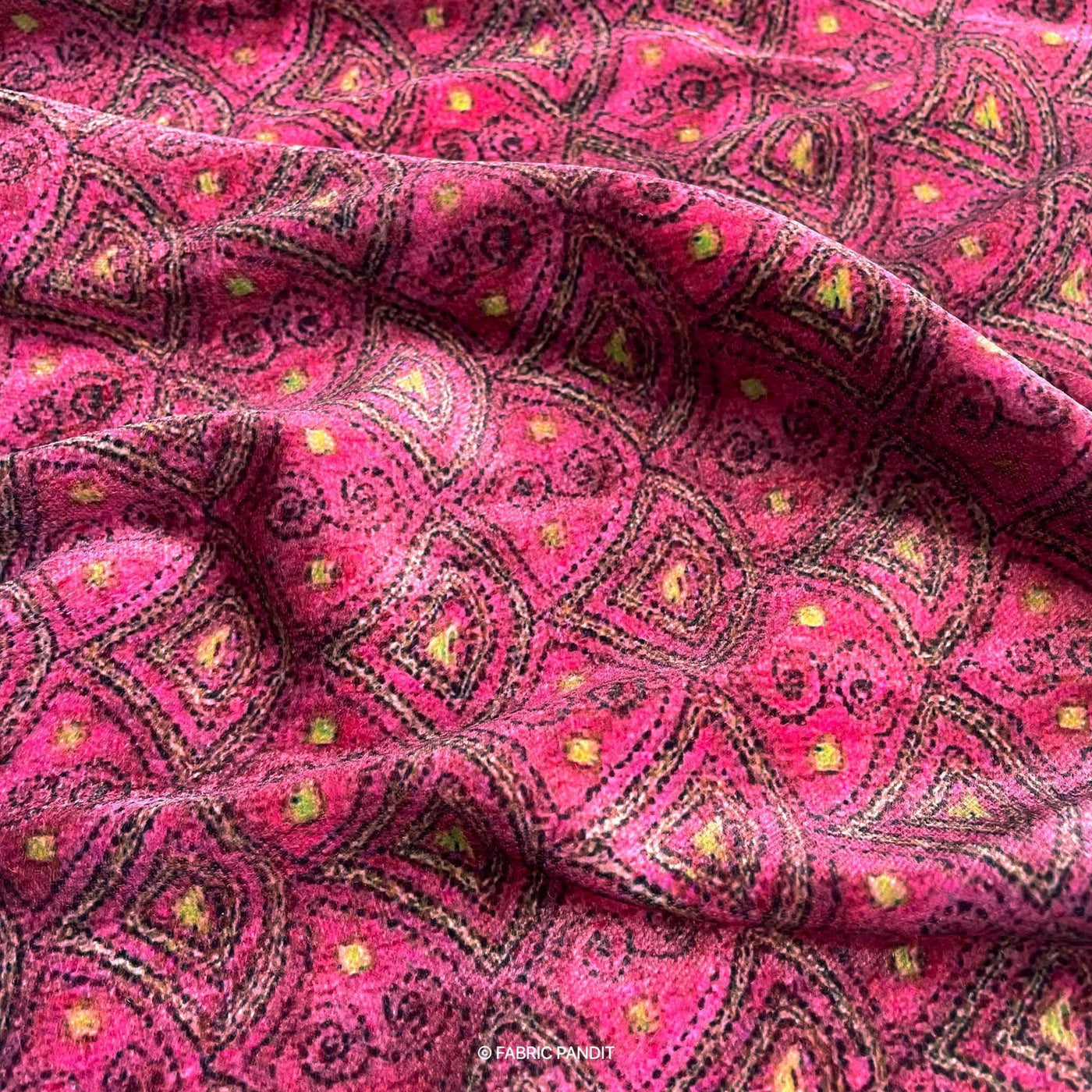 Fabric Pandit Rose Pink Geometric Kantha Digital Print Pure Velvet Fabric (Width 44 Inches)