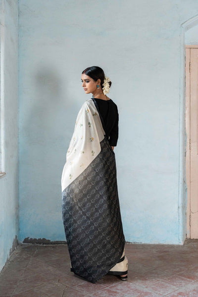 Fabric Pandit Saree Beige and Black An Ode To Flora Digital Printed Satin Tissue Silk Koramanglam Saree
