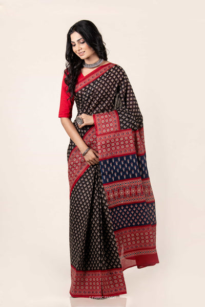 Fabric Pandit Saree Black Ajrakh Lily Pattern Hand Block Printed Pure Malai Cotton Saree