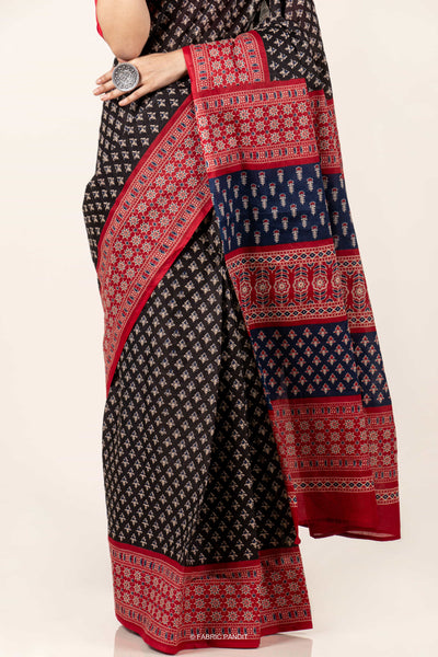 Fabric Pandit Saree Black Ajrakh Lily Pattern Hand Block Printed Pure Malai Cotton Saree