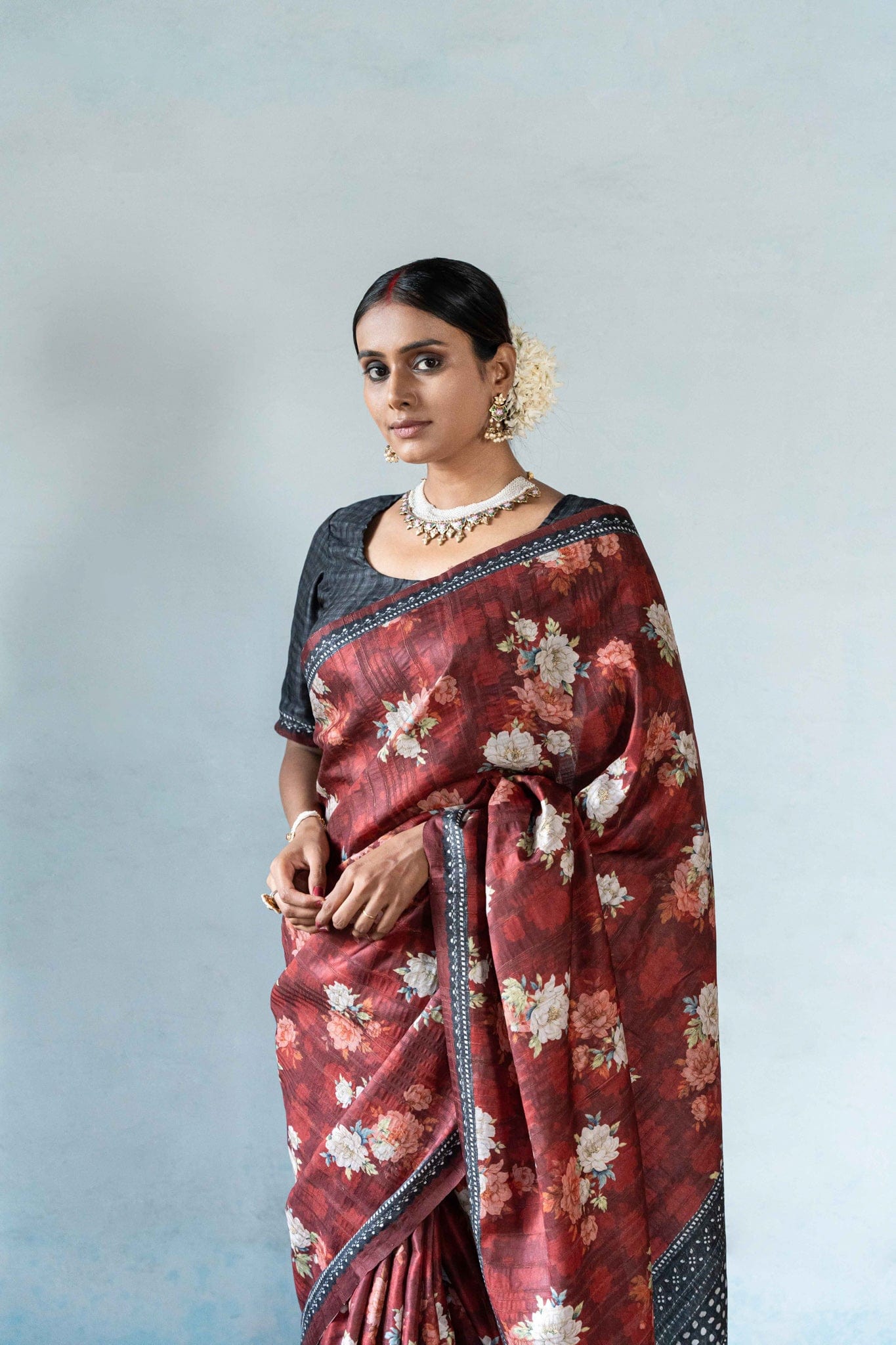 Fabric Pandit Saree Classic Red Melody of Flowers Digital Printed Dhakkai Tussar Silk Kothapatti Saree