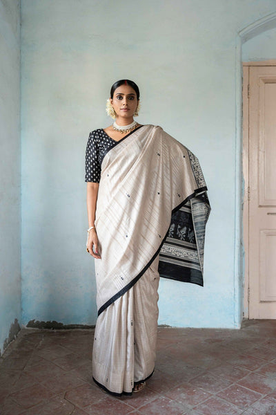 Fabric Pandit Saree Cream & Black Love for Jamdani Digital Printed Dhakkai Tussar Silk Kothapatti Saree