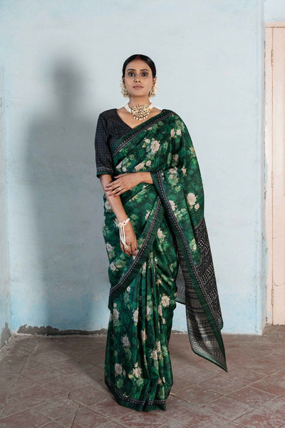 Fabric Pandit Saree Emerald Green Melody of Flowers Digital Printed Dhakkai Tussar Silk Kothapatti Saree