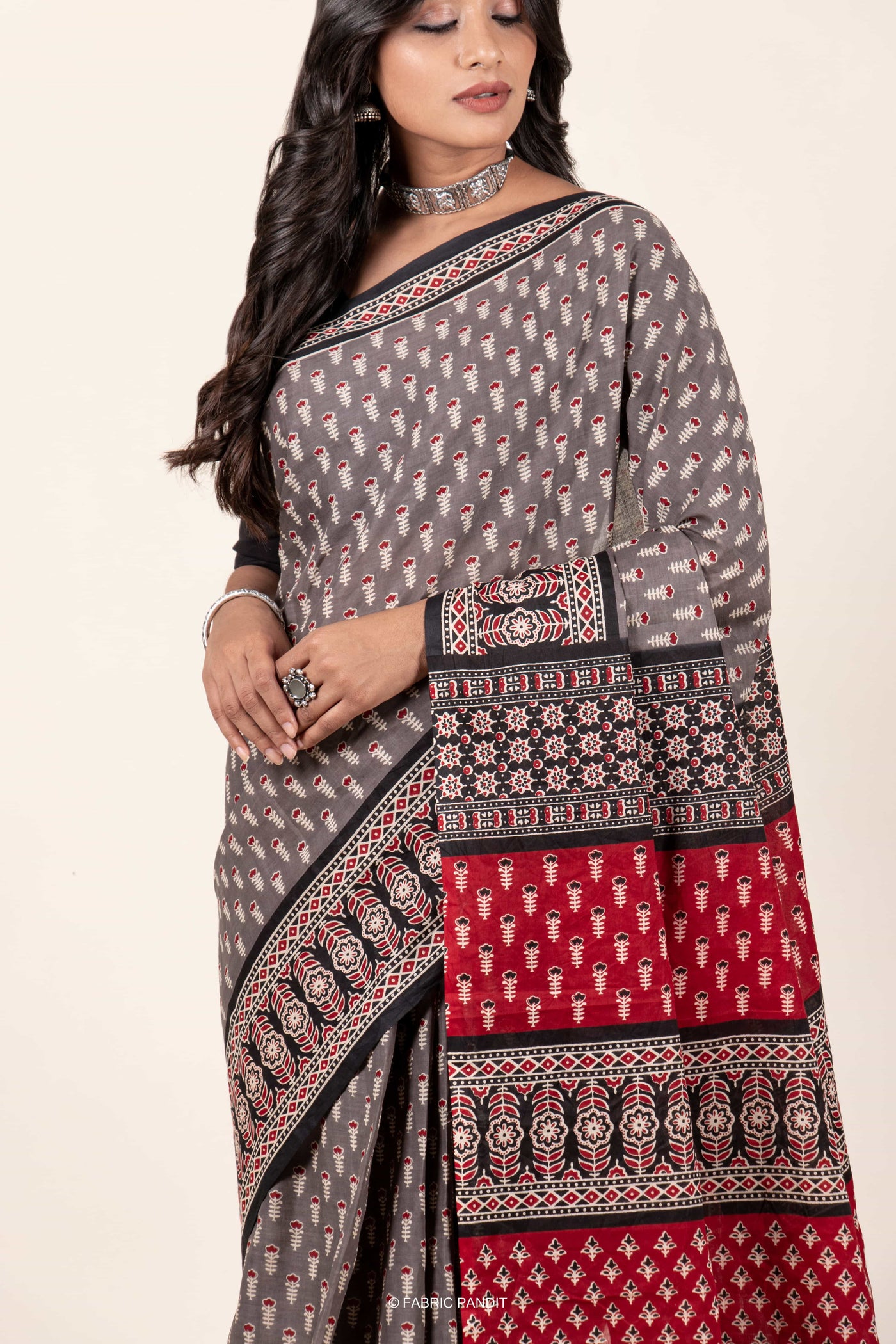 Fabric Pandit Saree Grey Ajrakh Tulip Pattern Hand Block Printed Pure Malai Cotton Saree