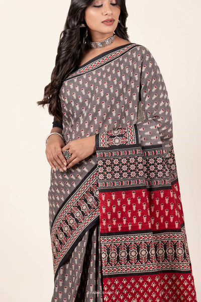 Fabric Pandit Saree Grey Ajrakh Tulip Pattern Hand Block Printed Pure Malai Cotton Saree
