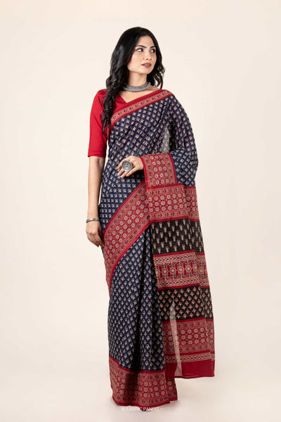 Fabric Pandit Saree Jaipuri Blue Ajrakh Lily Pattern Hand Block Printed Pure Malai Cotton Saree