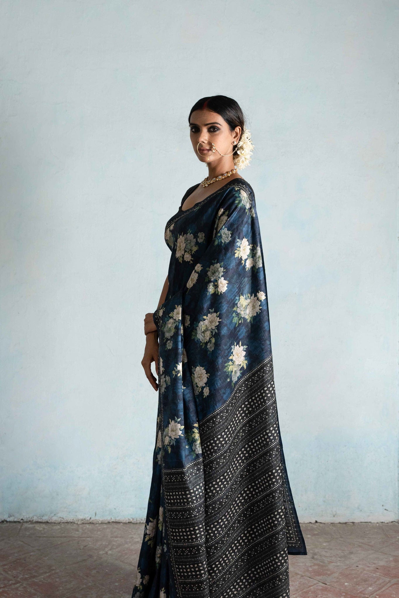 Fabric Pandit Saree Midnight Blue Melody of Flowers Digital Printed Dhakkai Tussar Silk Kothapatti Saree