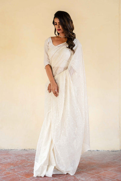 Fabric Pandit Saree Off - White All over Floral Embroidery Pure Banarasi Chanderi Silk Saree