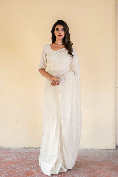 Fabric Pandit Saree Off - White All over Floral Embroidery Pure Banarasi Chanderi Silk Saree