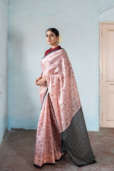 Fabric Pandit Saree Rouge Pink Withering Lilies Digital Printed Satin Tissue Silk Koramanglam Saree