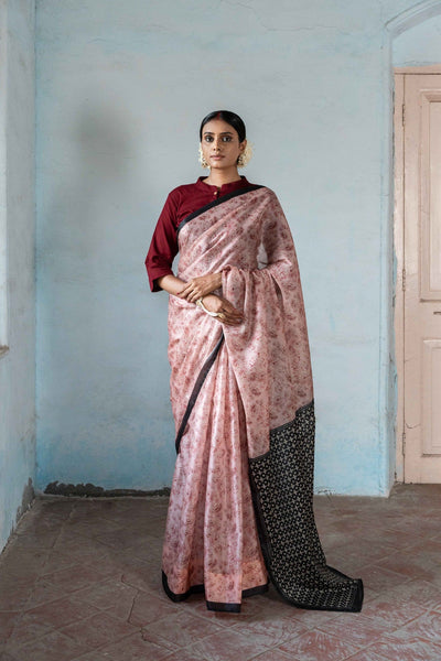 Fabric Pandit Saree Rouge Pink Withering Lilies Digital Printed Satin Tissue Silk Koramanglam Saree
