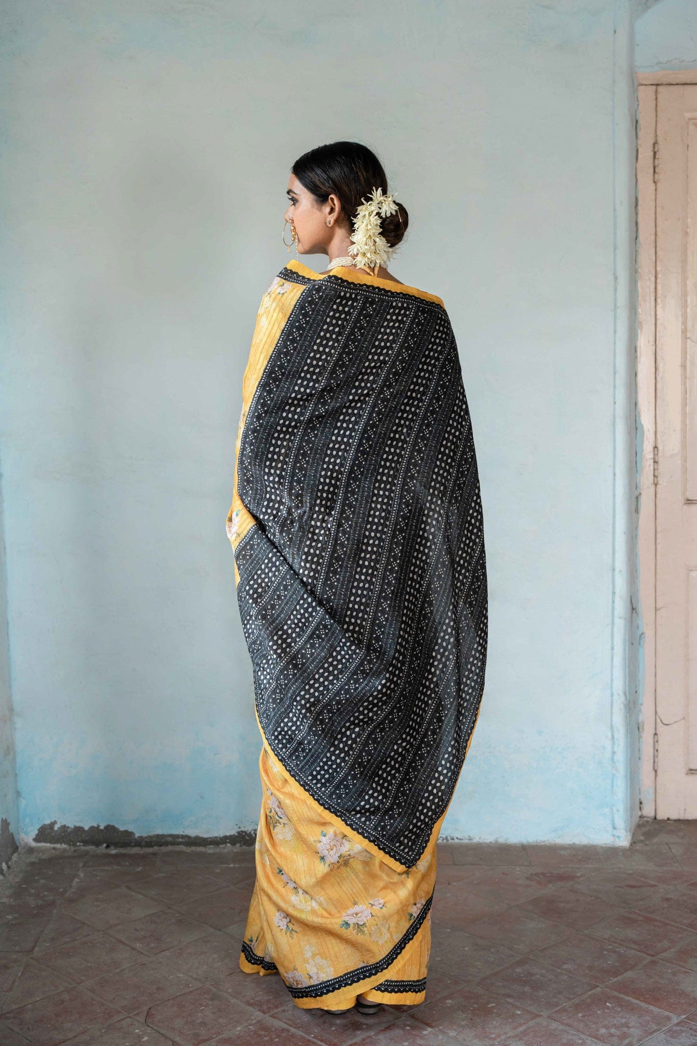 Fabric Pandit Saree Royal Amber Yellow Melody of Flowers Digital Printed Dhakkai Tussar Silk Kothapatti Saree