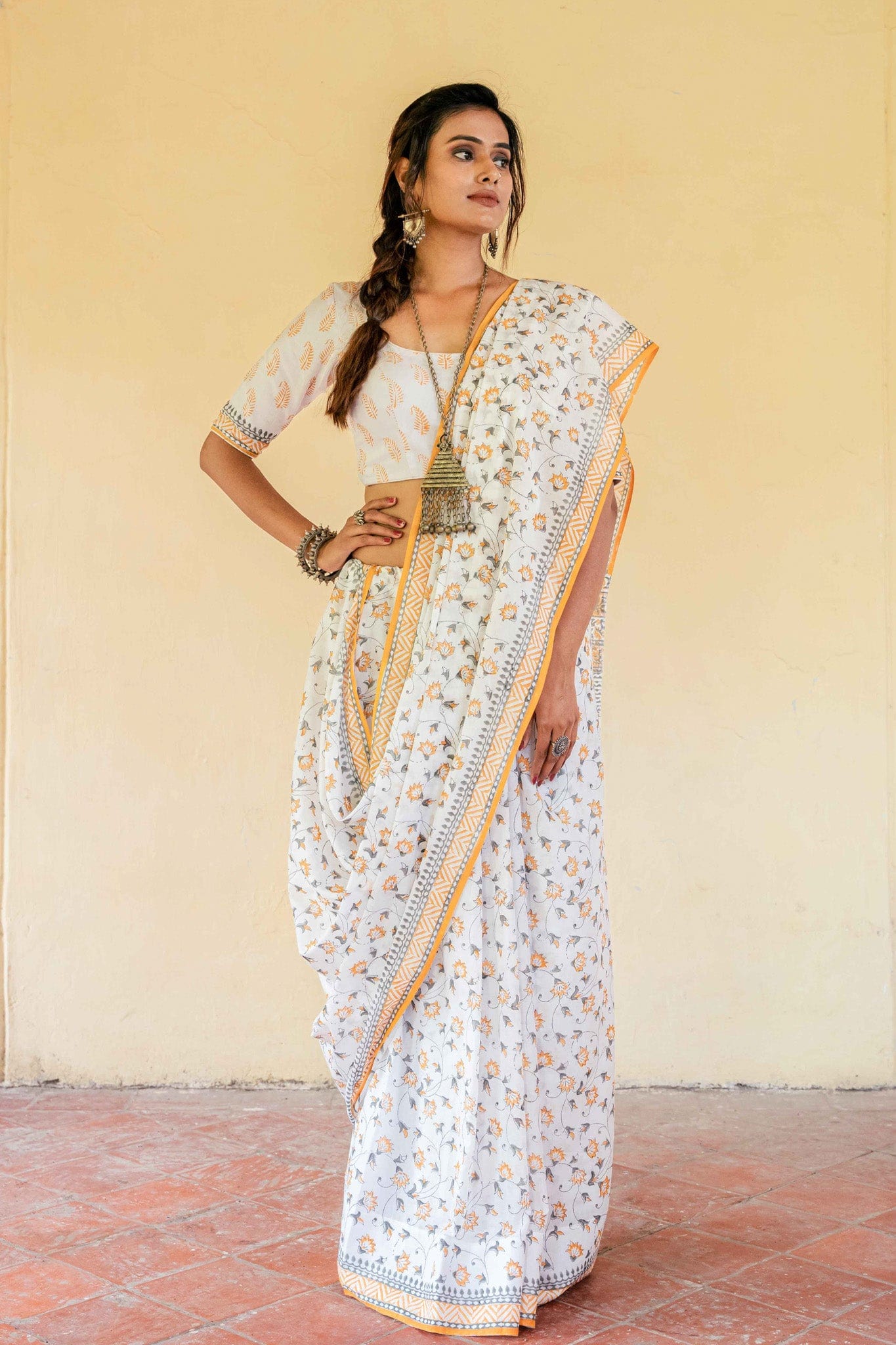 Fabric Pandit Saree White & Yellow Dahlia Garden Hand Block Printed Pure Cotton Saree