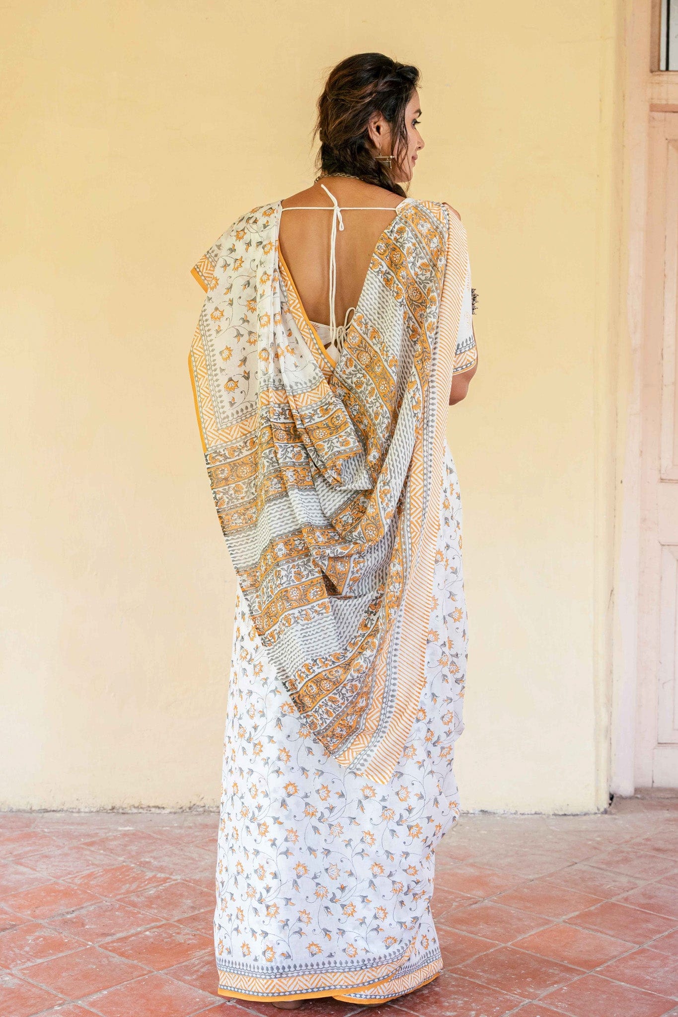 Fabric Pandit Saree White & Yellow Dahlia Garden Hand Block Printed Pure Cotton Saree