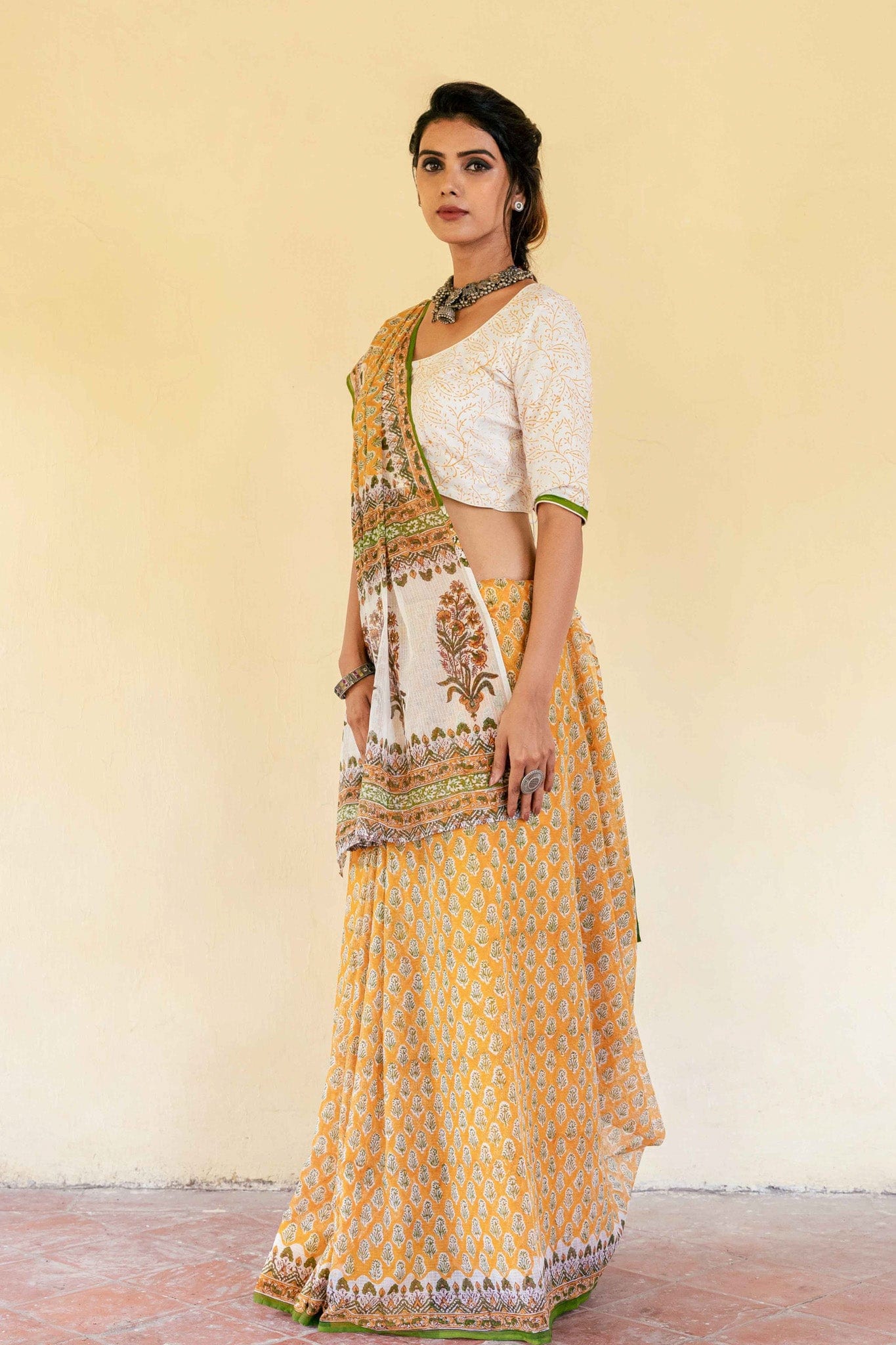 Fabric Pandit Saree Yellow & Green Jaipuri Floral Hand Block Printed Pure Kota Doria Saree