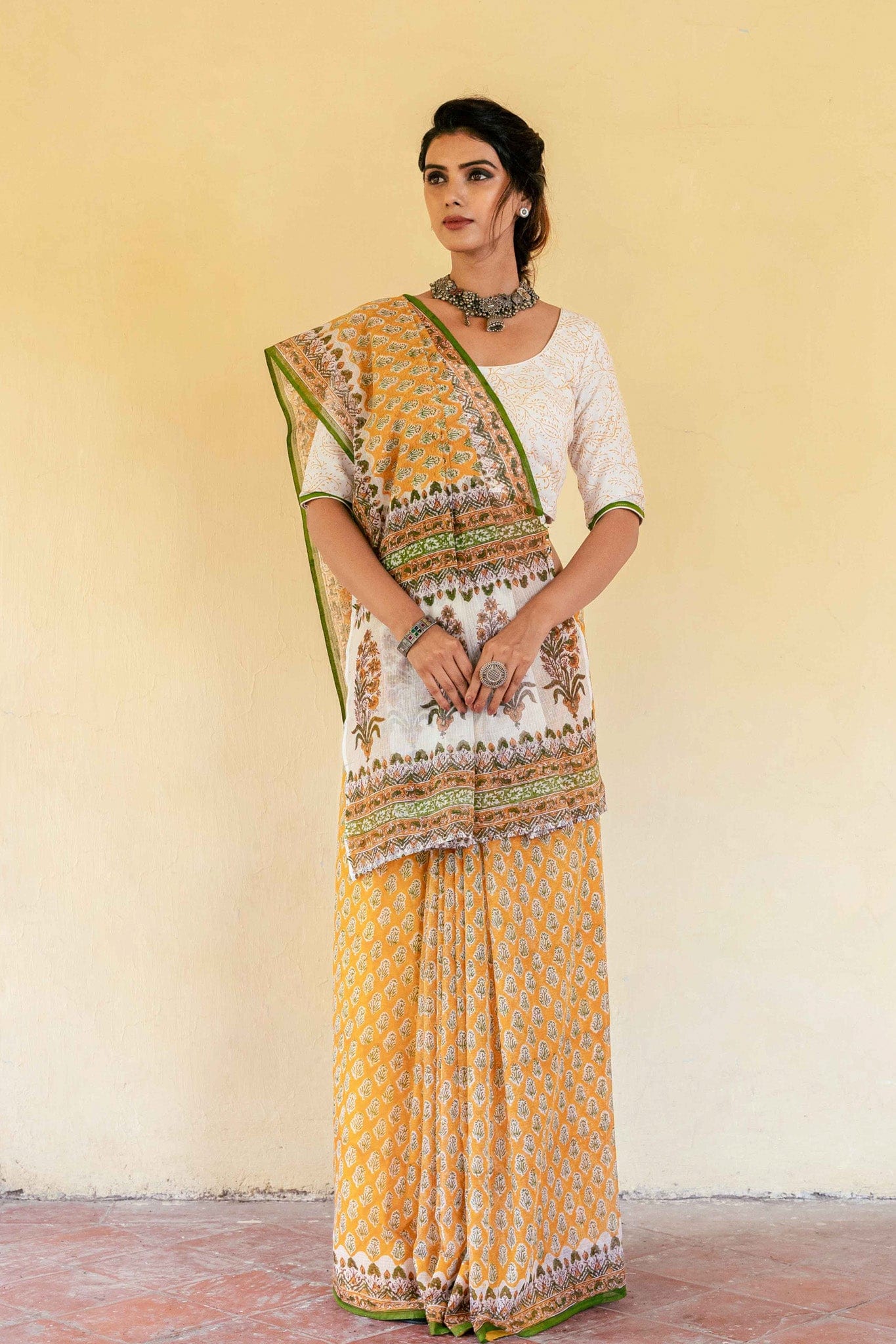 Fabric Pandit Saree Yellow & Green Jaipuri Floral Hand Block Printed Pure Kota Doria Saree