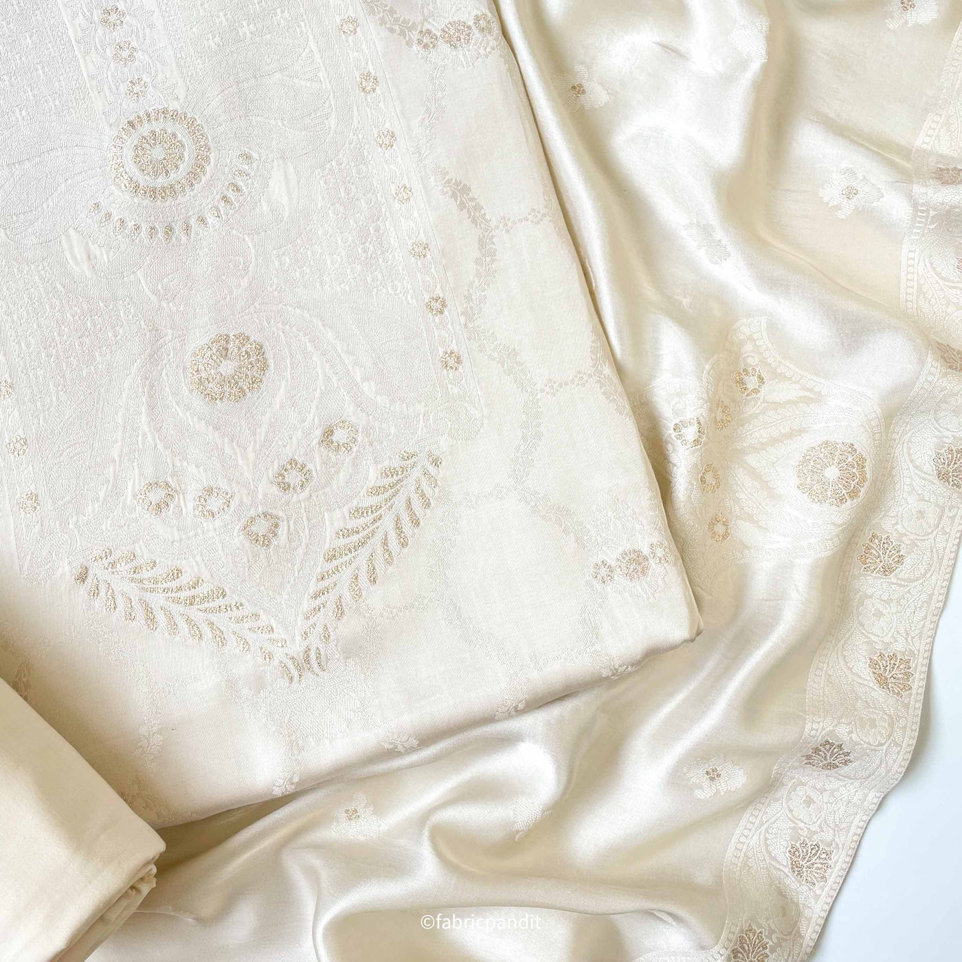 Fabric Pandit Unstitched Suit Natural White Guftagu Collection Woven Pure Gaji Silk Unstitched Suit Set
