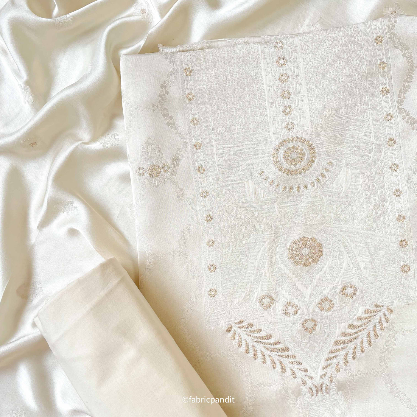 Fabric Pandit Unstitched Suit Natural White Guftagu Collection Woven Pure Gaji Silk Unstitched Suit Set
