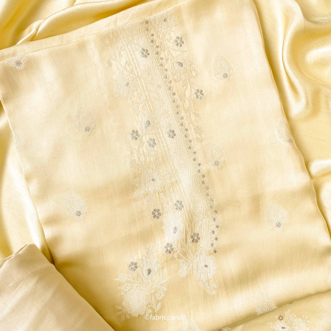 Fabric Pandit Unstitched Suit Pastel Yellow Guftagu Collection Woven Pure Gaji Silk Unstitched Suit Set