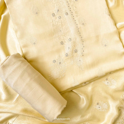 Fabric Pandit Unstitched Suit Pastel Yellow Guftagu Collection Woven Pure Gaji Silk Unstitched Suit Set