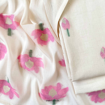 Fabric Pandit Unstitched Suit Soft-White & Pink The Sweet Lotus Jamdani Woven Pure Cotton Unstitched Suit Set