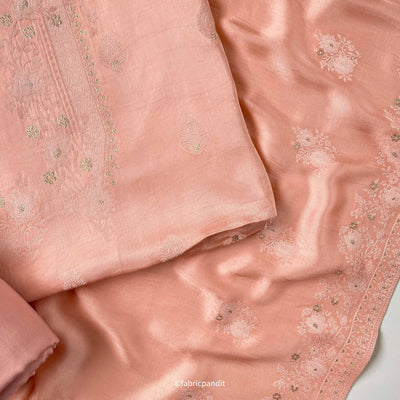Fabric Pandit Unstitched Suit Sugar Peach Guftagu Collection Woven Pure Gaji Silk Unstitched Suit Set